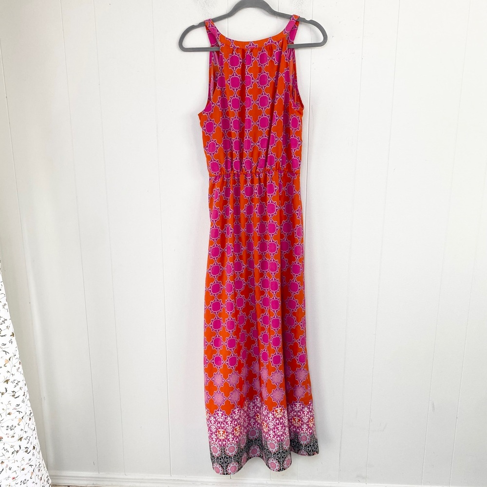 Banana Republic Orange Pink Geometric Maxi Dress Sleeveless V-Neck Size 10 - Picture 3 of 11